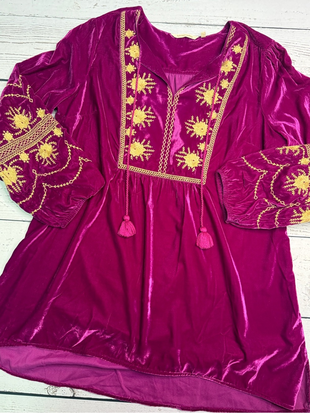 Soft Surroundings Magenta Velour  Tunic with Yellow Embroidery XL